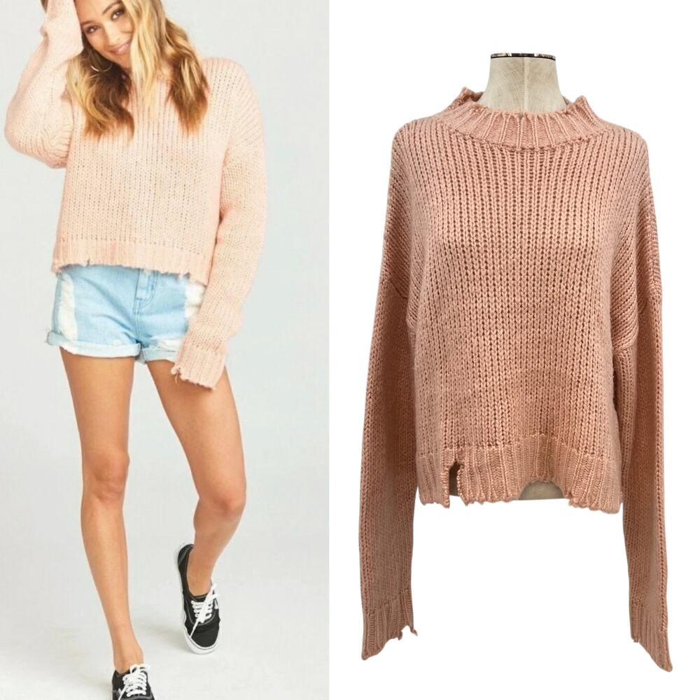 Show Me Your Mumu Cody Crop Sweater‎ Distressed Knit Peach Pink Size Large